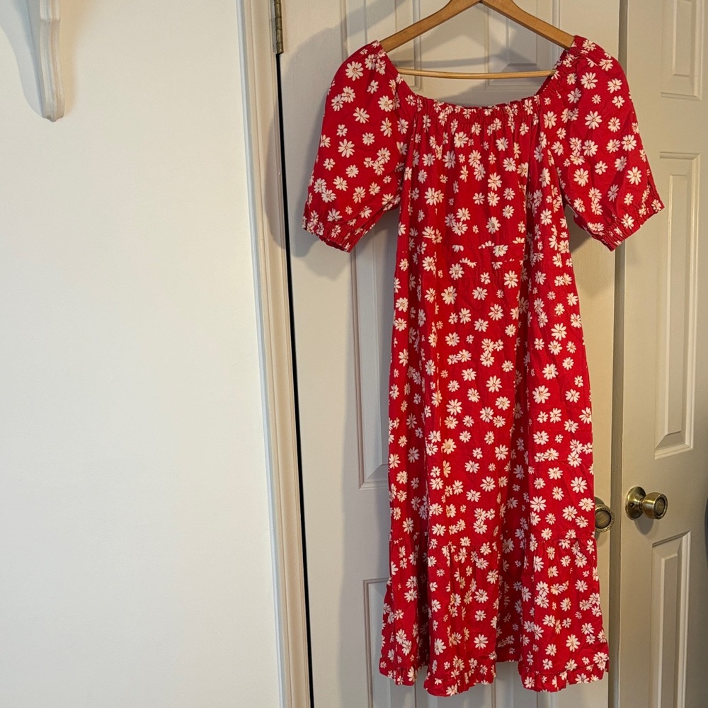 Indigo Rose Red Daisy Puff-Sleeve Midi Dress